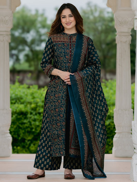 Premium Teal Printed Kurta Set with Dupatta (3-Piece)